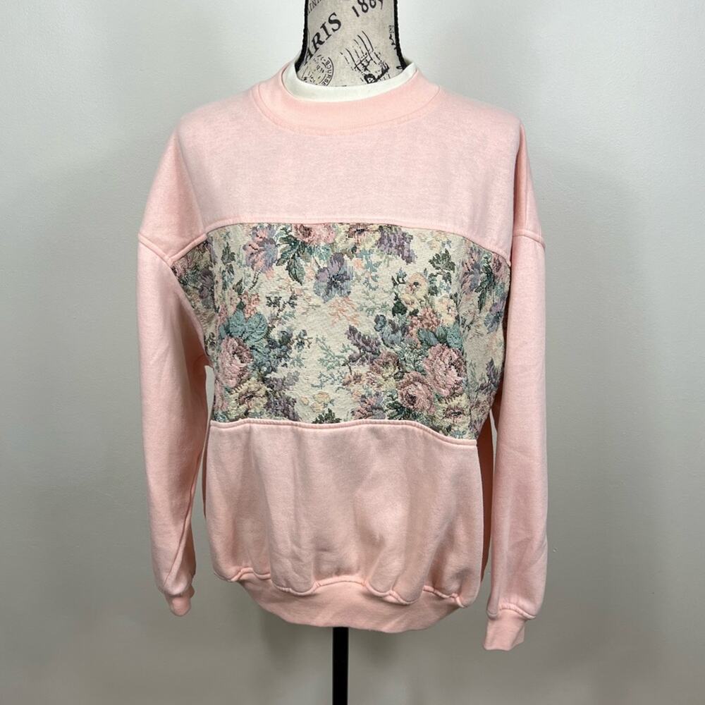 Vintage Grannycore pink fleece lined sweater w/ fake collar & tapestry blocking